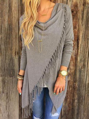 Romwe Draped Neck Button Tassel Grey Coat