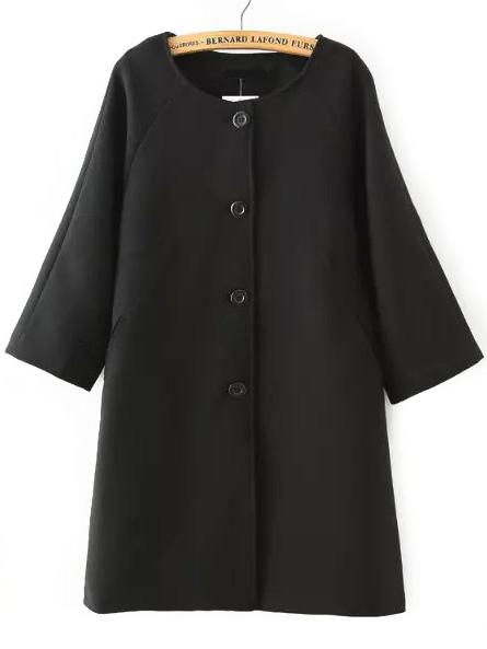 Romwe Round Neck Single-breasted Black Coat