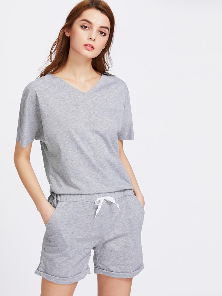 Romwe V Neckline Tee With Drawstring Waist Cuffed Shorts