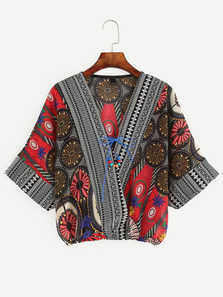 Romwe Red Random Tribal Print Lace Up Wrap Blouse