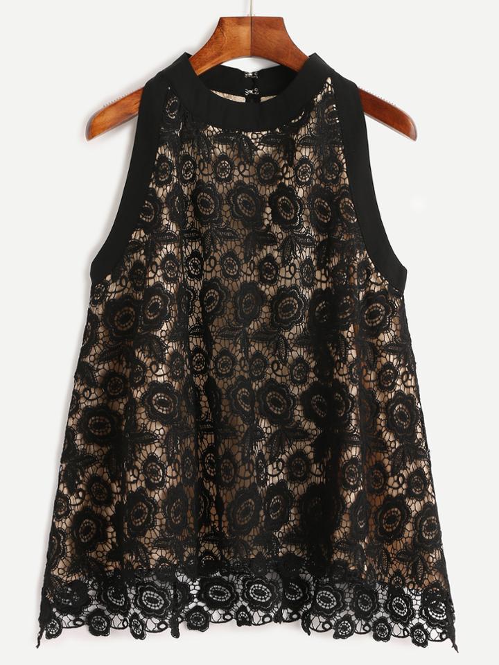 Romwe Black Lace Overlay Top