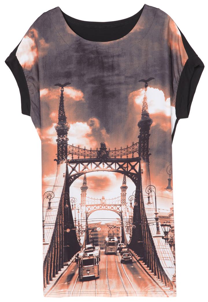 Romwe Round Neck Bridge Print Yellow T-shirt