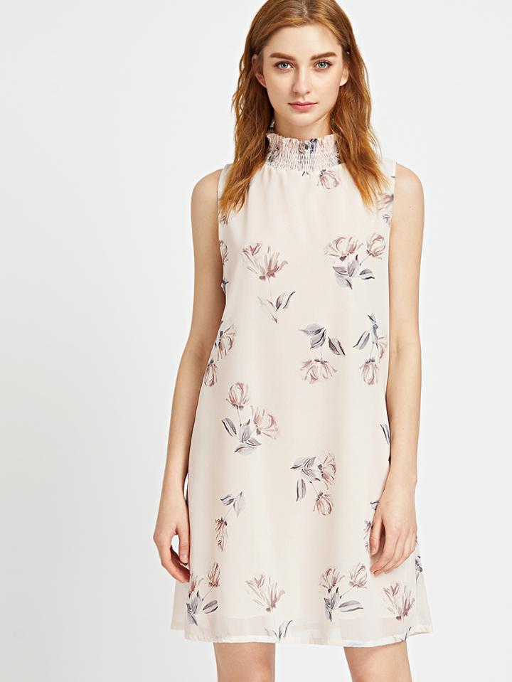 Romwe Apricot Floral Print Keyhole Back Dress