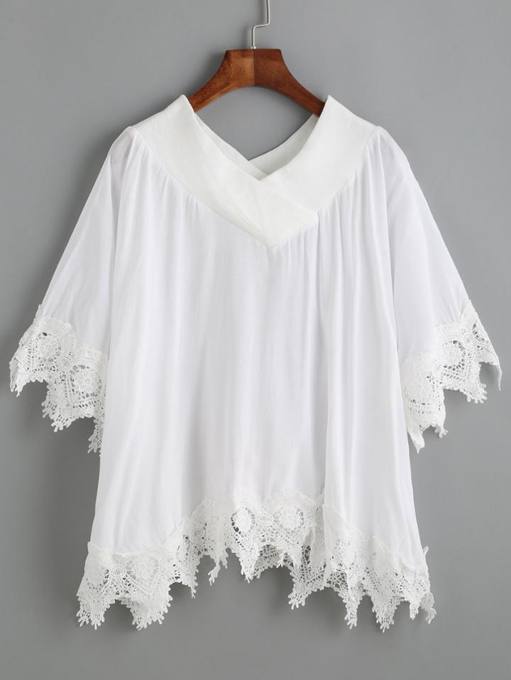 Romwe White V Neck Crochet Trim Blouse