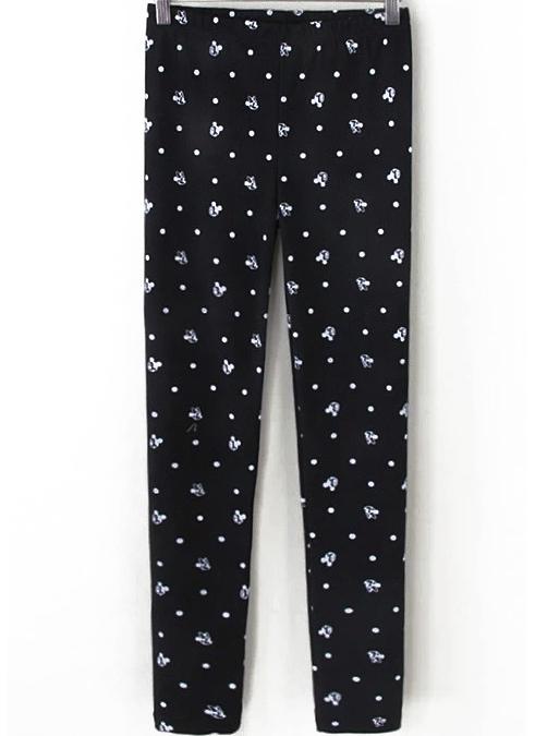 Romwe Polka Dot Mickey Print Black Legging