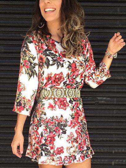 Romwe Round Neck Florals Ruffle Zipper Dress