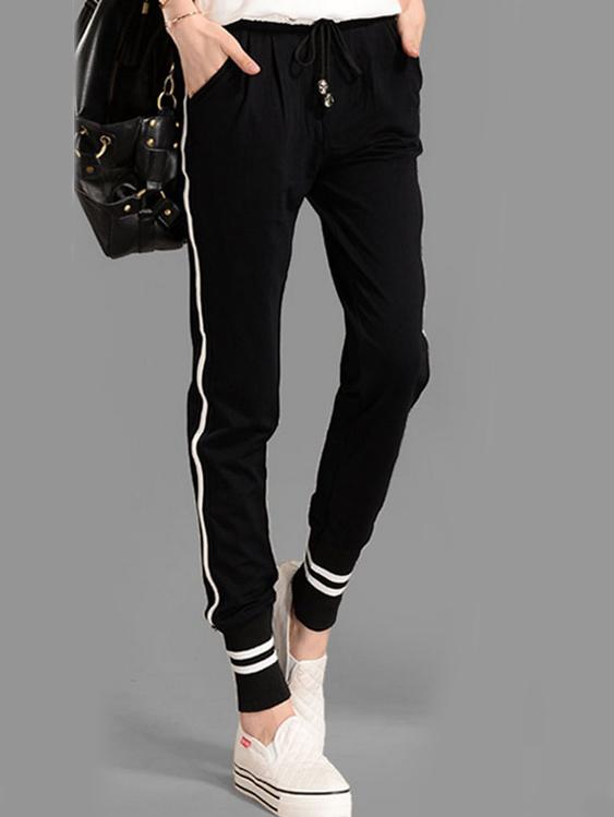 Romwe Black Drawstring Waist Striped Pant