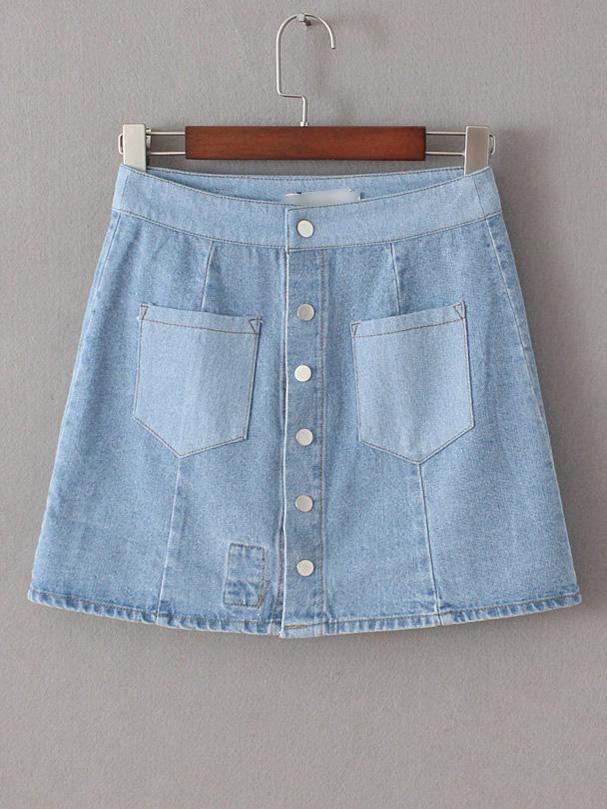 Romwe Blue Flower Embroidery Pockets Buttons Front Skirt