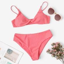 Romwe Twist Front Top With High Cut Bikini Set