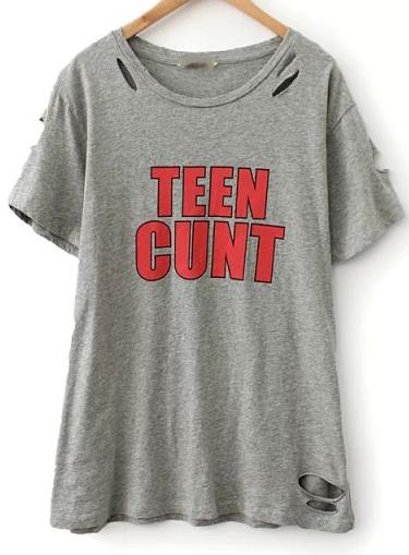 Romwe Grey Short Sleeve Ripped Letter Print T-shirt
