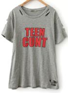 Romwe Grey Short Sleeve Ripped Letter Print T-shirt