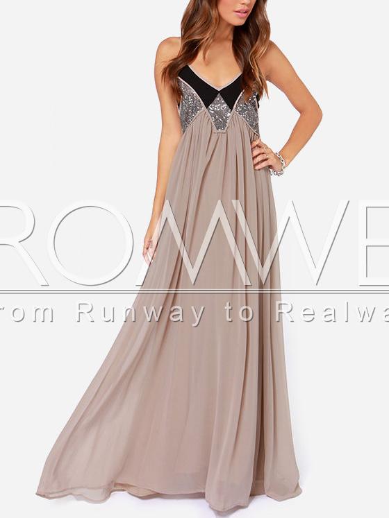 Romwe Apricot Spaghetti Strap Sequined Maxi Dress