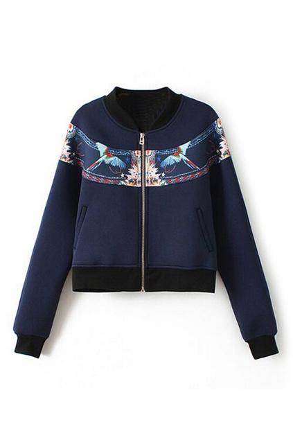 Romwe Double Birds And Floral Print Zipped Jacket
