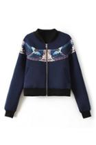 Romwe Double Birds And Floral Print Zipped Jacket