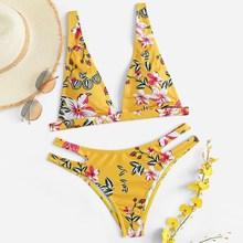 Romwe Random Floral Triangle Top With Cut-out Cheeky Bikini