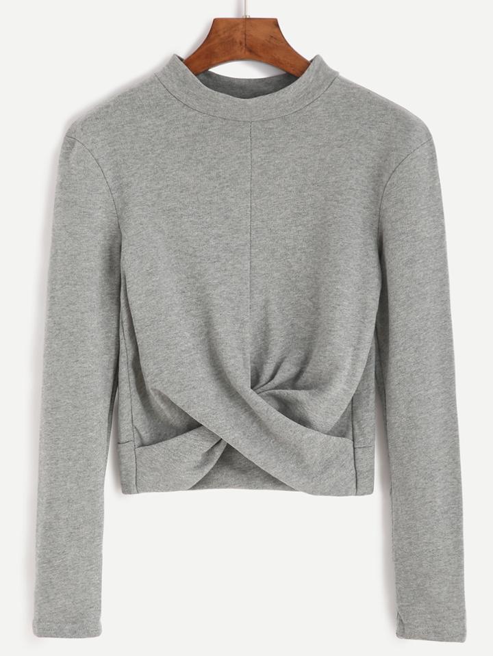 Romwe Grey Mock Neck Twist Front Crop T-shirt