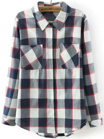 Romwe Lapel Plaid Pockets Blouse