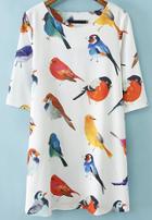 Romwe White Half Sleeve Birds Print Loose Dress