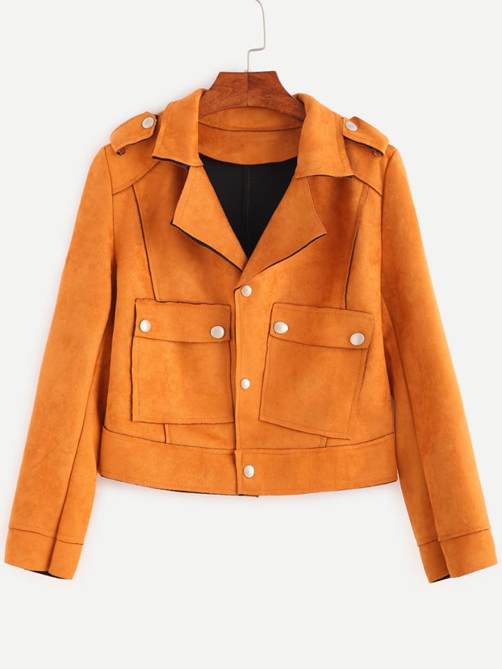 Romwe Brown Suede Epaulet Button Jacket