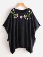 Romwe Flower Embroidered Frayed Edge Poncho Jumper