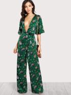 Romwe Plunge Neck Self Belted Palazzo Jumpsuit