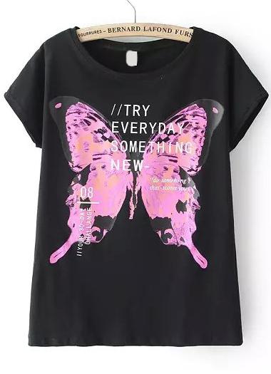 Romwe Butterfly Print Black T-shirt