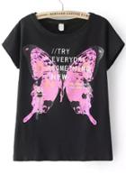 Romwe Butterfly Print Black T-shirt