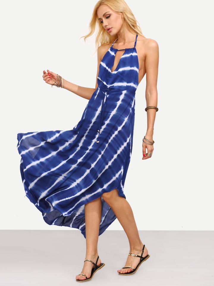 Romwe Blue Tie Dye Print Keyhole Backless Dress