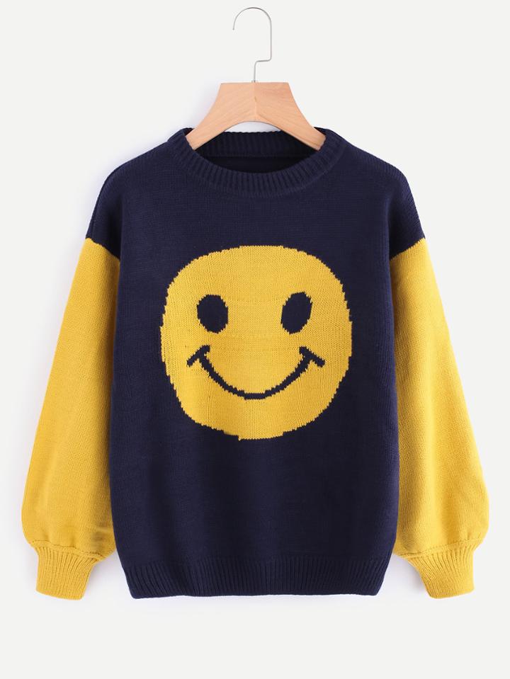 Romwe Contrast Sleeve Smile Front Sweater