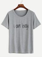 Romwe Grey Round Neck Letters Print T-shirt