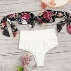 Romwe Knot Front Floral Top With High Waist Bikini Set