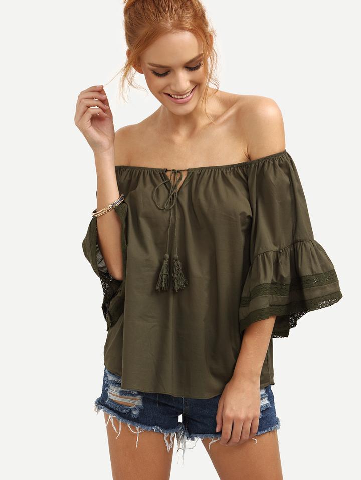 Romwe Off-the-shoulder Lace Trimmed Bell Sleeve Blouse - Olive Green