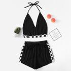 Romwe Contrast Gingham Halter Top With Drawstring Waist Shorts