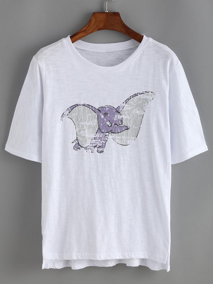 Romwe Elephant Print Loose White T-shirt