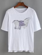 Romwe Elephant Print Loose White T-shirt