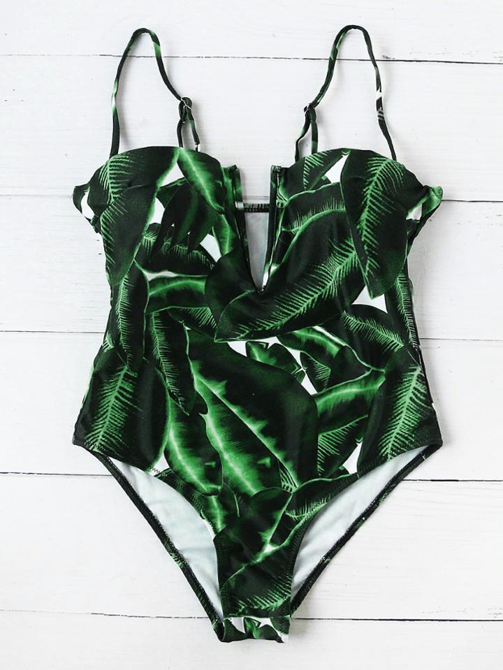 Romwe Leaf Print Plunging Neckline One Piece Swimwear