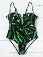 Romwe Leaf Print Plunging Neckline One Piece Swimwear