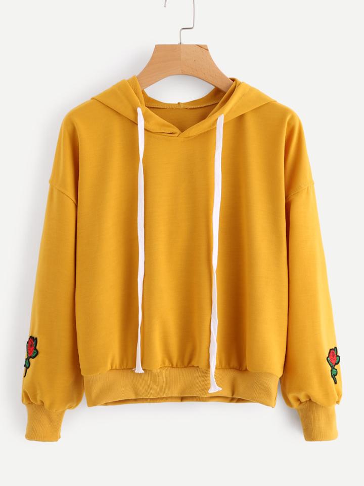 Romwe Rose Embroidered Patch Sleeve Hoodie