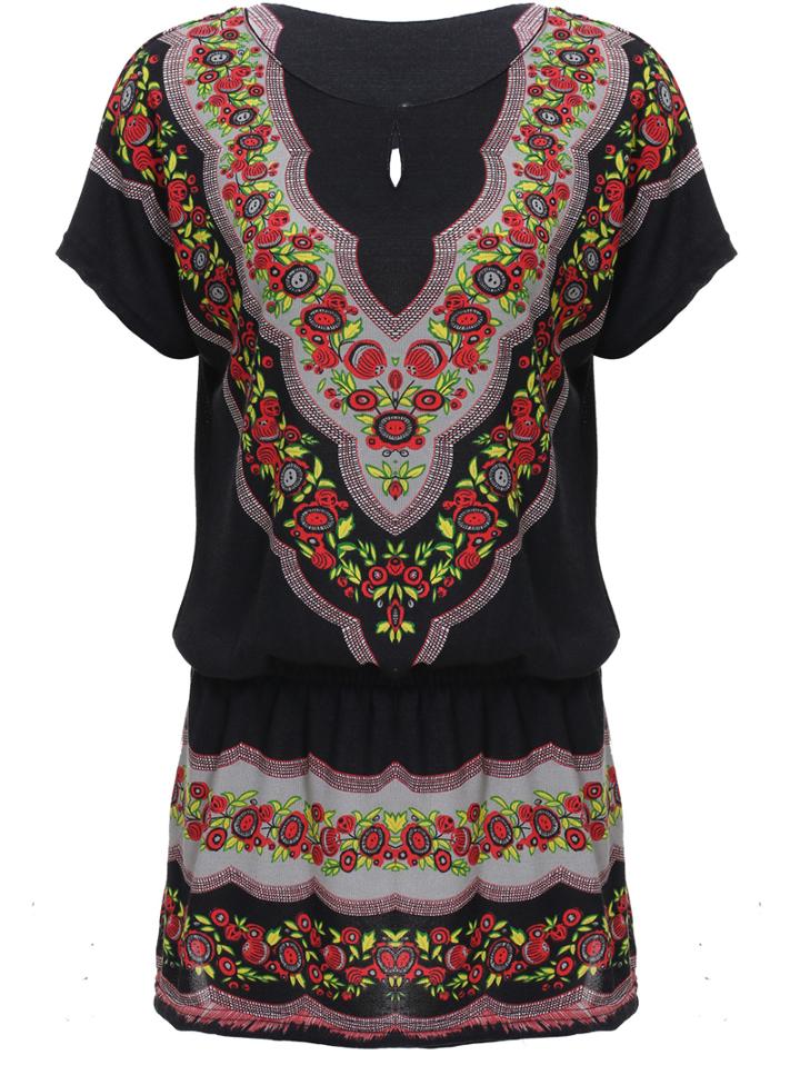 Romwe Keyhole Tribal Print Black Dress