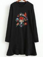Romwe Black Floral Embroidery Ruffle Hem Dress