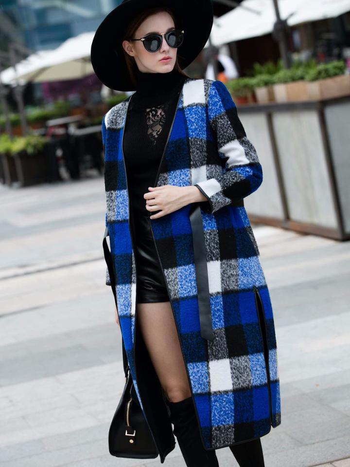 Romwe Blue V Neck Long Sleeve Tie-waist Coat