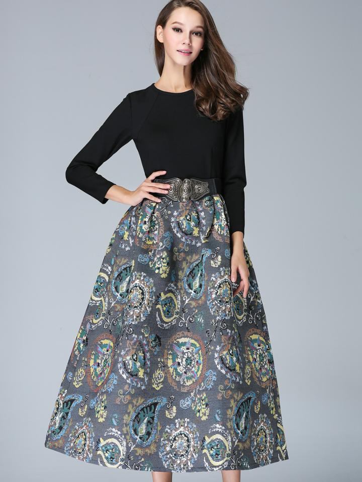 Romwe Black Round Neck Long Sleeve Drawstring Jacquard Dress