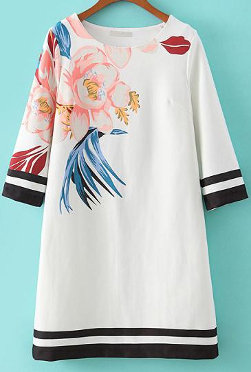 Romwe White Round Neck Floral Contrast Trims Dress