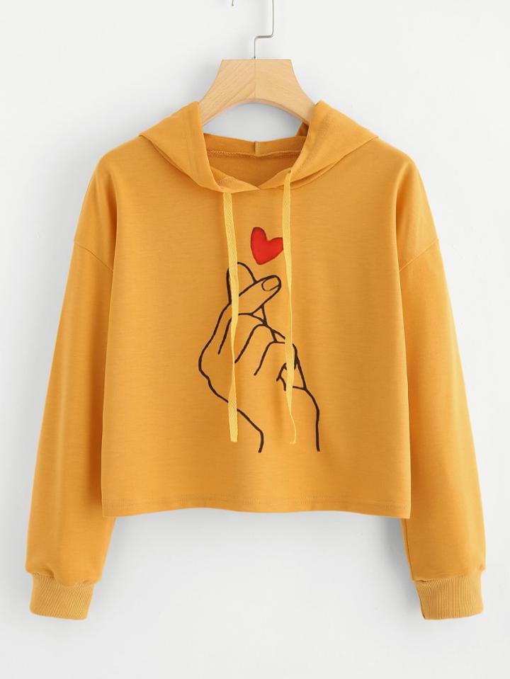 Romwe Love Gesture Print Crop Hoodie