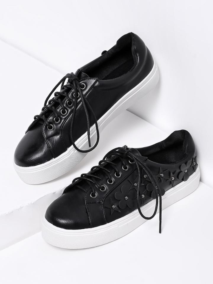 Romwe Flower Embellished Lace Up Faux Leather Sneakers 3/2.5