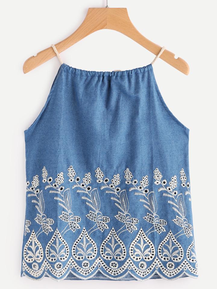 Romwe Embroidered Drawstring Back Denim Cami Top