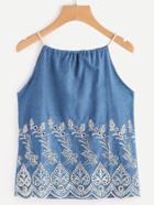 Romwe Embroidered Drawstring Back Denim Cami Top