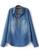 Romwe Blue Embellished V Neck Denim Blouse With Pocket