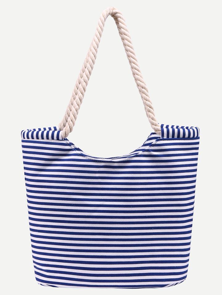 Romwe Blue Striped Print Canvas Shopper Bag