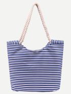 Romwe Blue Striped Print Canvas Shopper Bag